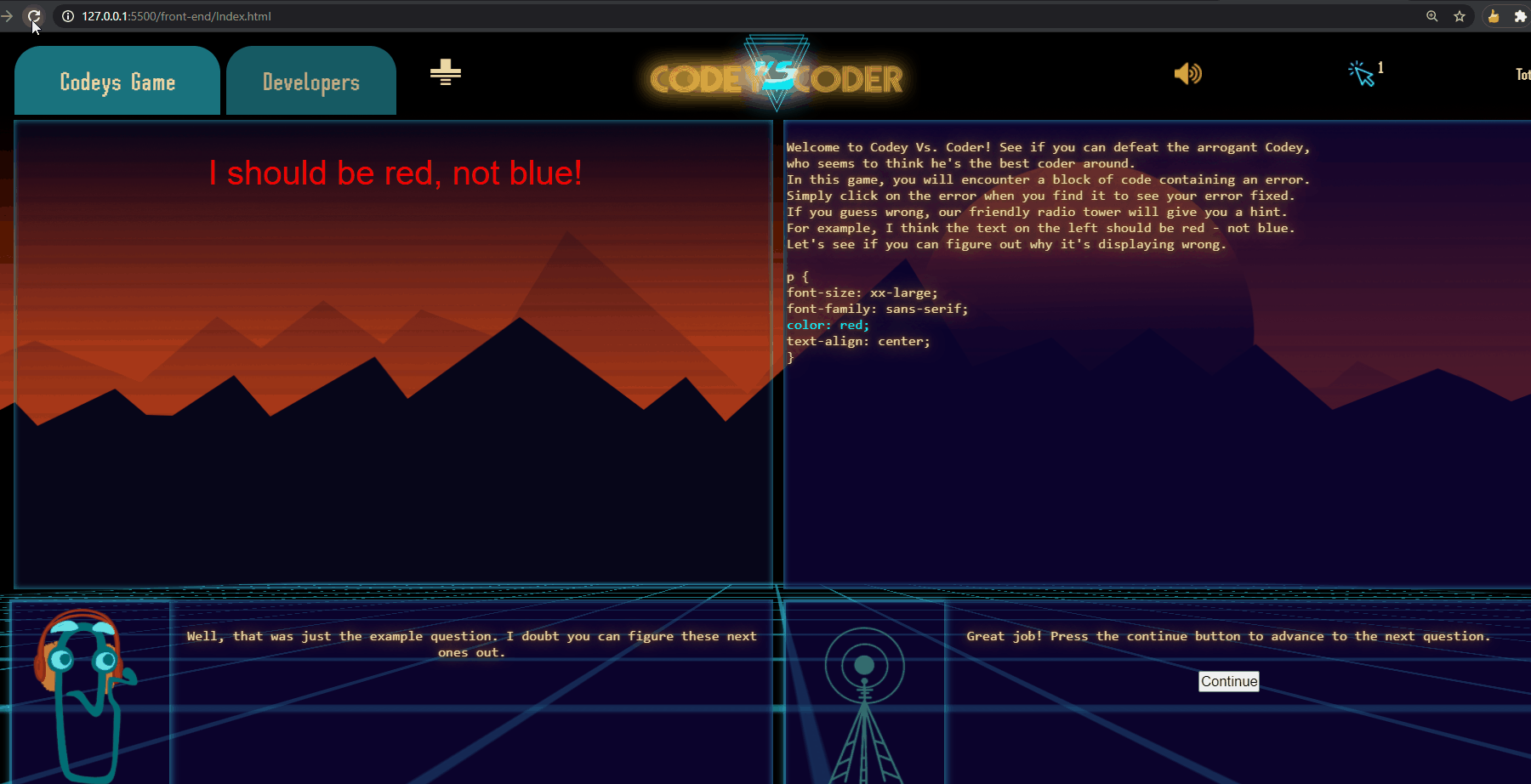 Gif of CodeyVsCoder landing page